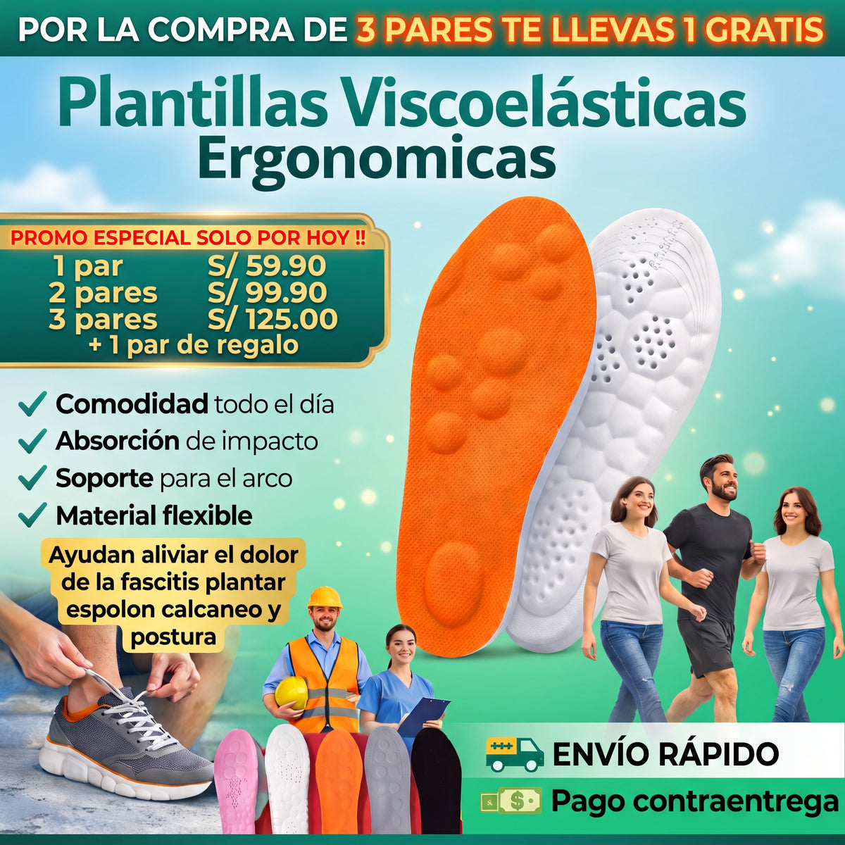PLANTILLAS ERGONOMICAS VISCOELASTICA AYUDA ALIVIAR EL DOLOR DE LA FASCITIS PLANTAR, ESPOLON CALCANEO Y POSTURA