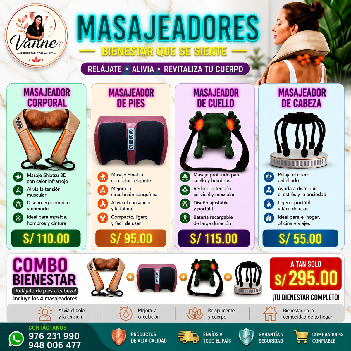 COMBO DE MASAJEADORES PREMIUM: CUERPO, CUELLO, PIES Y CABEZA+🔥CALOR INFRAROJO🔥TAMBIEN PUEDES LLEVARTE POR UNIDAD👈VER FLAYER